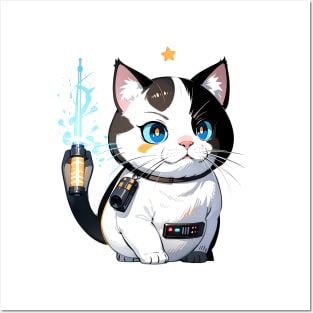 Star Cat Tshirt and Stickers Design Cute Cat Sci-Fi Characters Robot Carousel Posters and Art